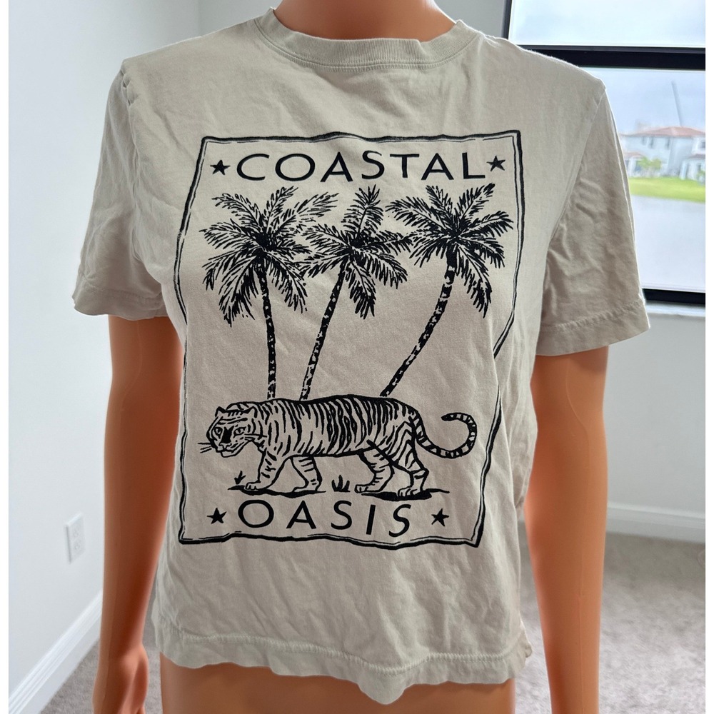HM Coastal Oasis Tiger Palm Tree Graphic T-Shirt Beige XS